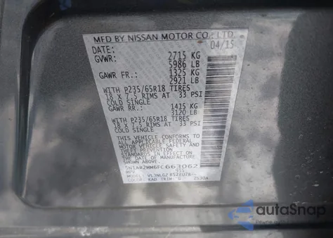 2015 Nissan Pathfinder Sl z USA, uszkodzony, nr VIN 5N1AR2MM6FC663062